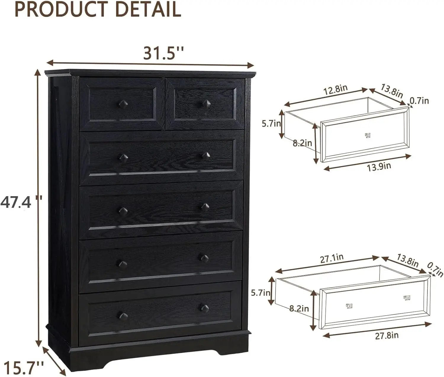 Tall Black Six Drawer Dresser Contemporary Storage from PriceLows™
