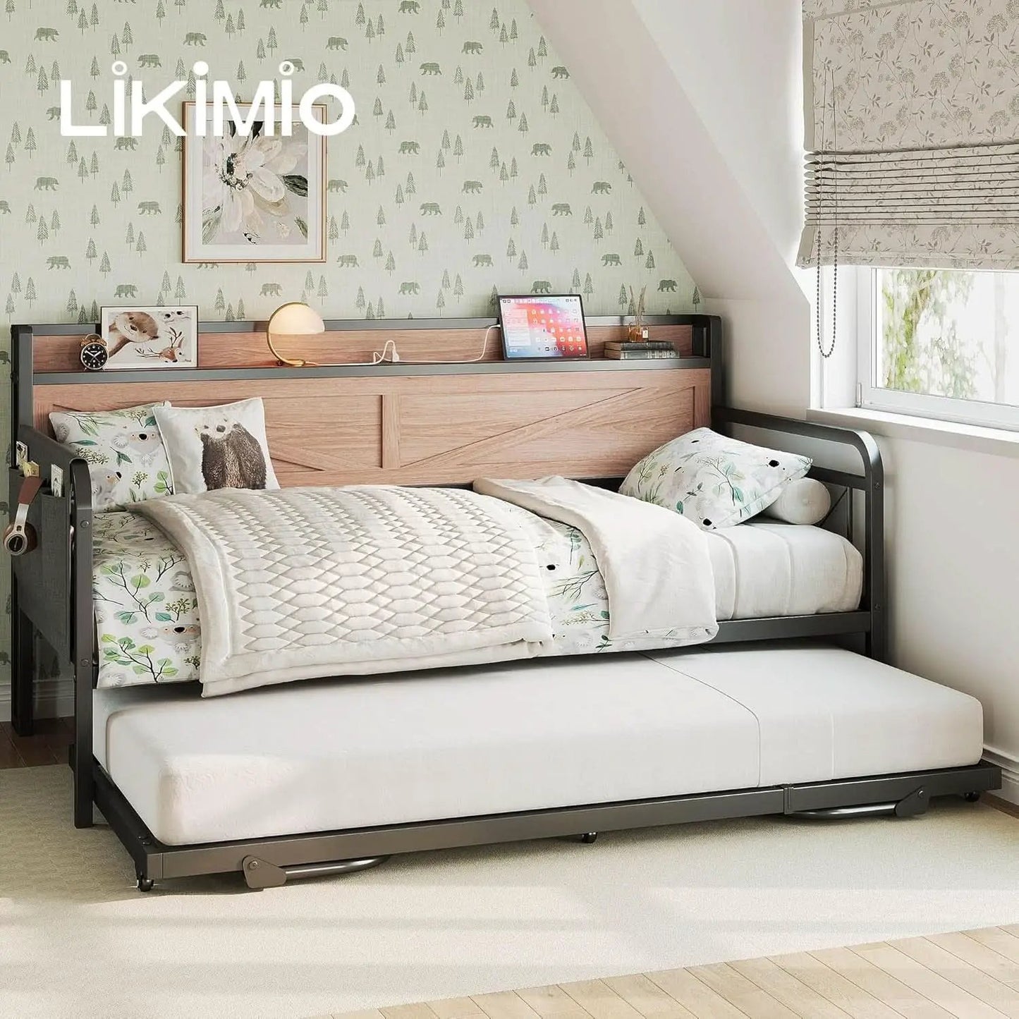 Twin Daybed With Trundle And Charging Station In Natural Wood from PriceLows™