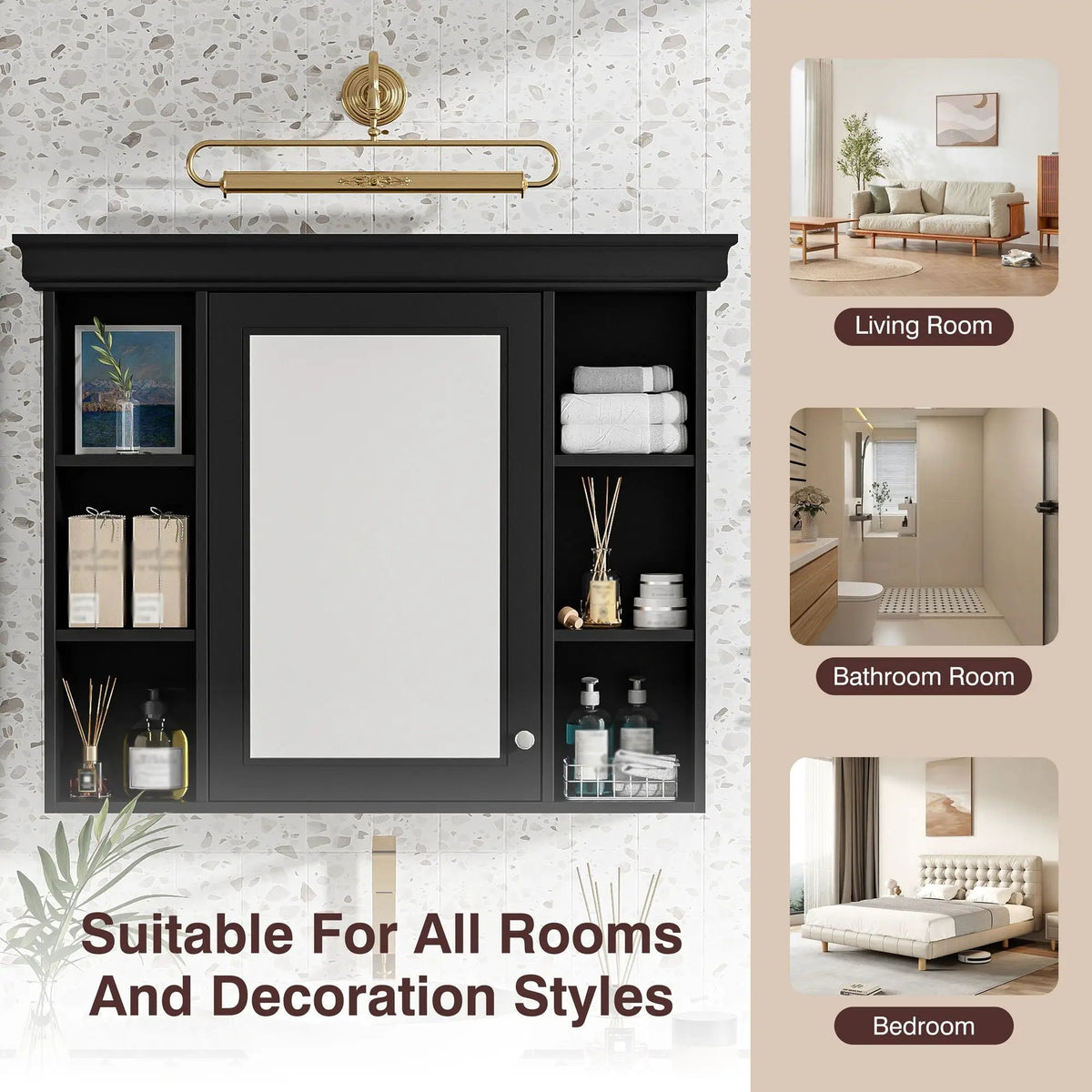 Wall Mounted Bathroom Storage Cabinet | Mirror Door | Silver Metal Handles | Open Shelves