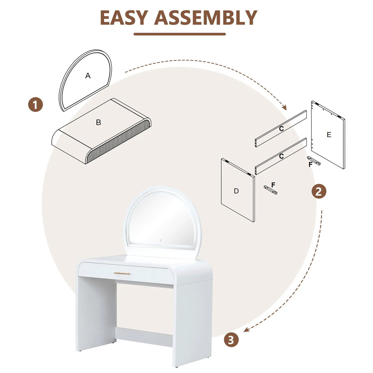 Makeup Vanity Table | Touch Screen Lighted Mirror | Storage Drawer | Curved Edges