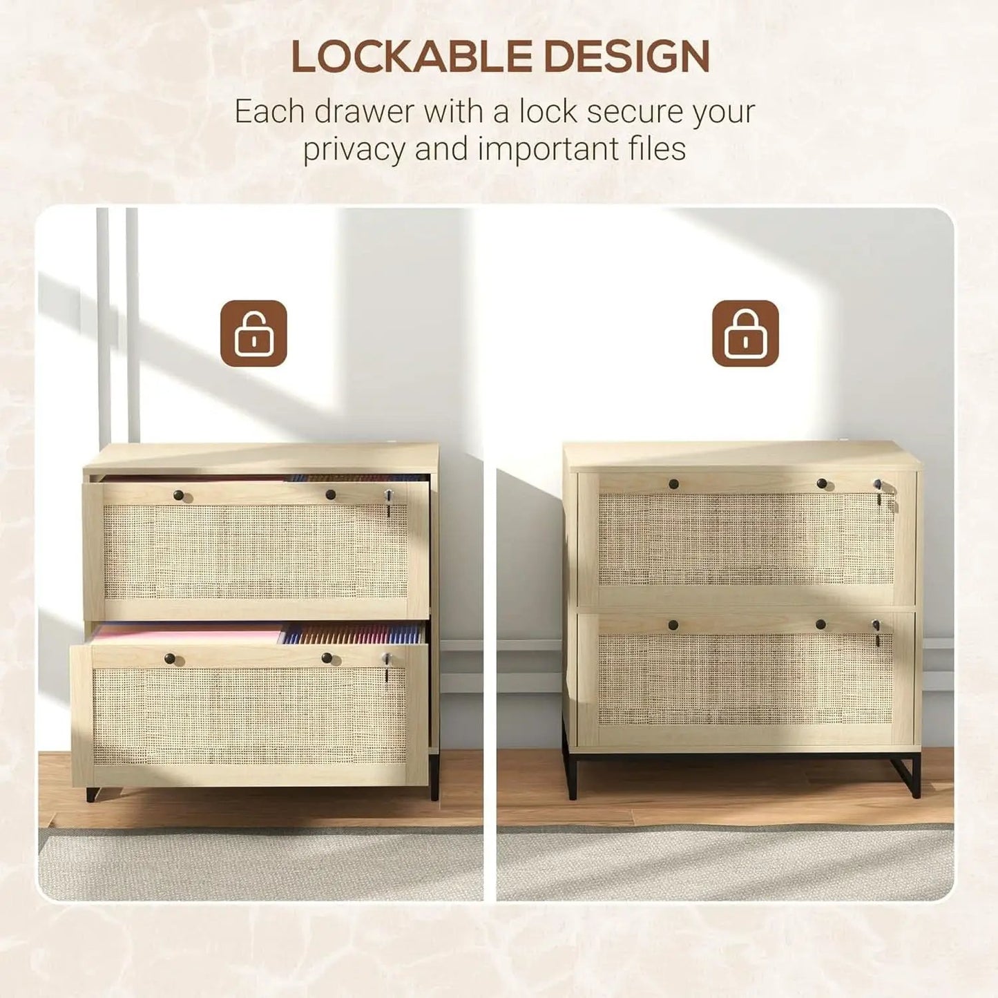 Two Drawer Rattan File Cabinet With Lock, Printer Stand And Adjustable Bars For Letter A4 Legal Files Natural Finish from PriceLows™