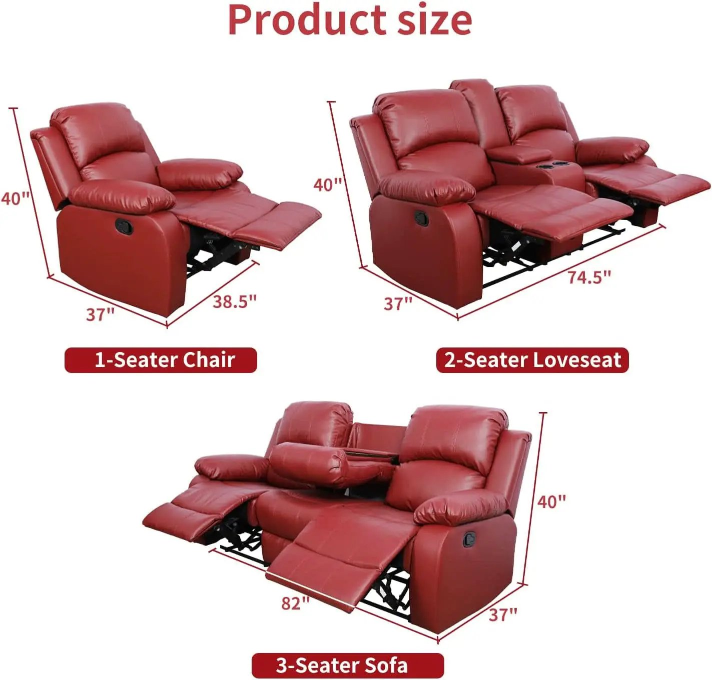 Leather Recliner Sofa Set 3 Piece For Living Room Red from PriceLows™