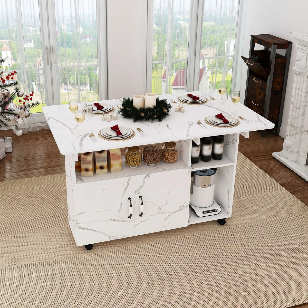 Multi Functional Folding Table With Storage Shelves And Wheels Island | 3 Pieces | Home Furniture | Home