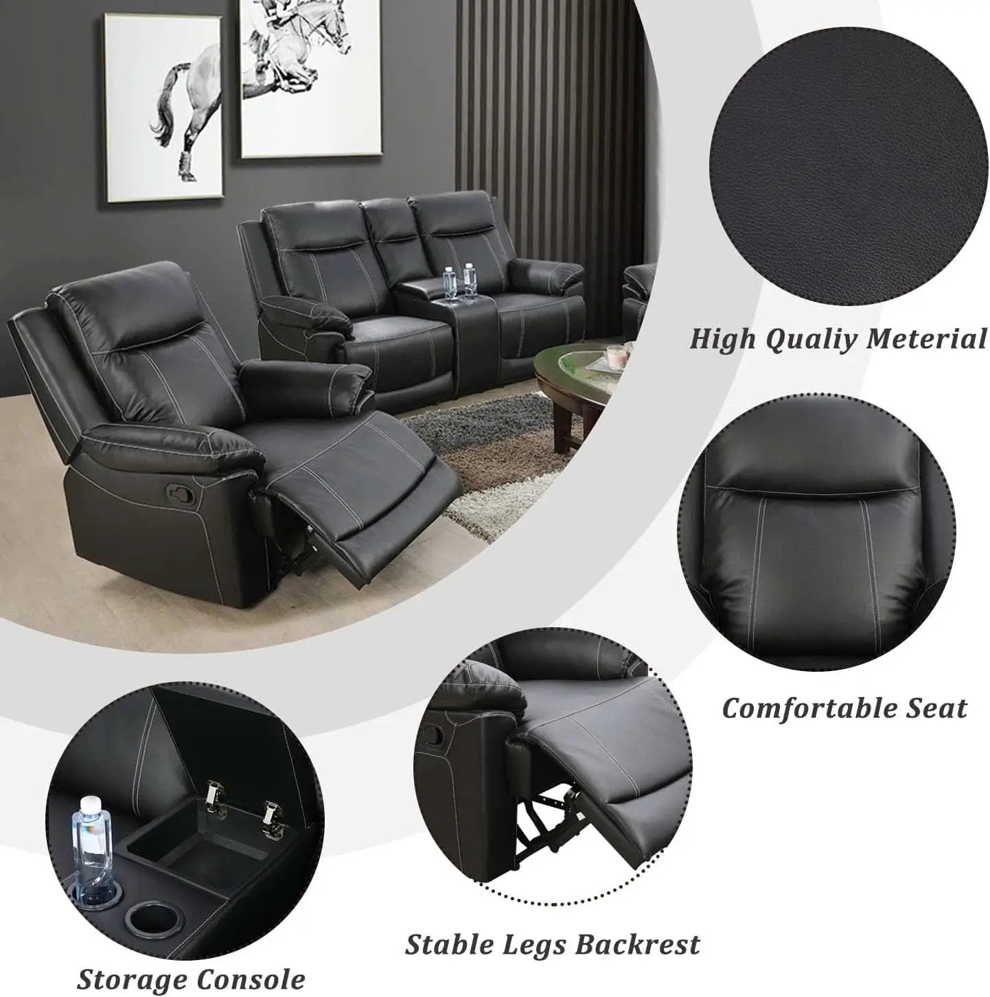 Manual Recliner Sofa Set Black Bonded Leather Cup Holders from PriceLows™