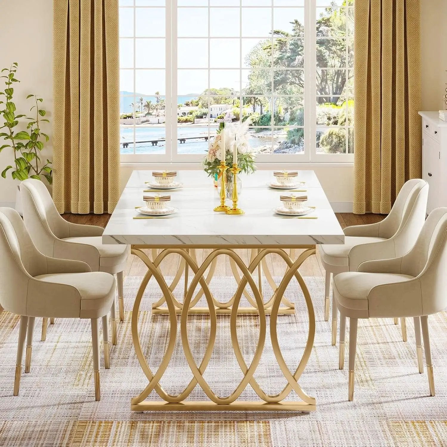63 Inch Dining Table With Faux Marble Top For Kitchen And Dining Room from PriceLows™