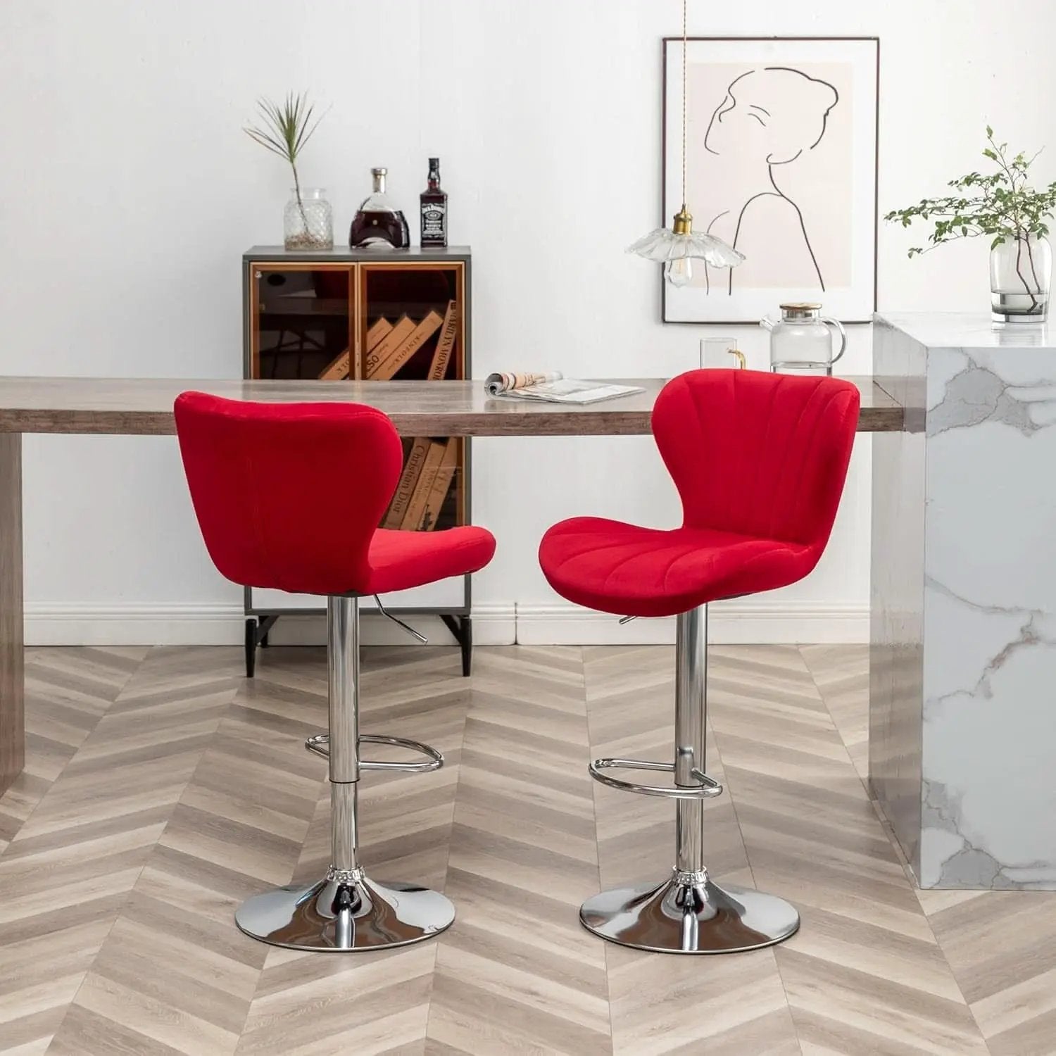 Velvet Adjustable Swivel Bar Stool Set Of 2 In Red from PriceLows™