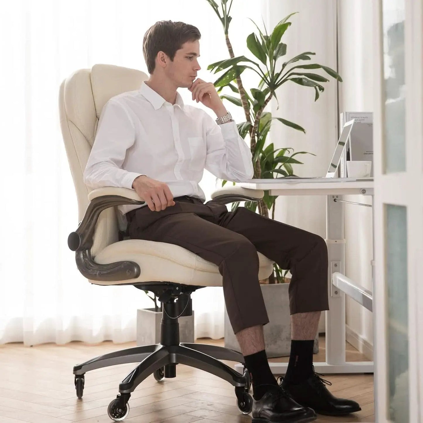 Ivory Ergonomic High Back Office Chair With Leather Seat from PriceLows™