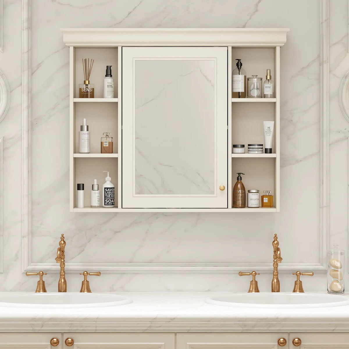 Wall Mounted Bathroom Storage Cabinet | Mirror Door | Silver Metal Handles | Open Shelves