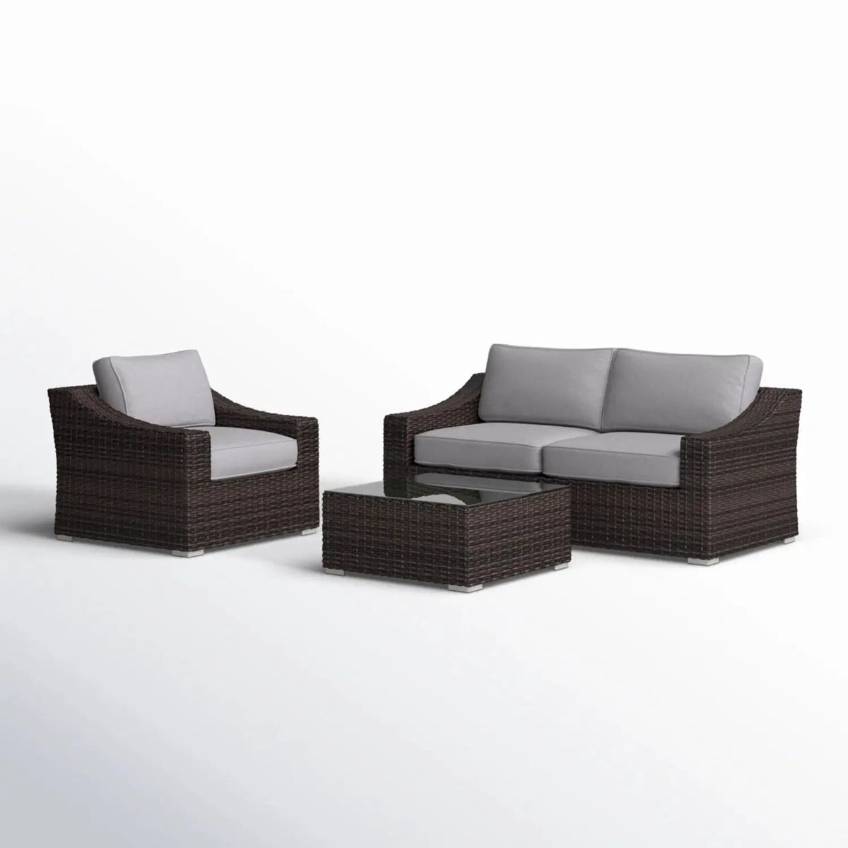 Outdoor Wicker Conversation Set | All-Weather Resin | Tempered Glass Table | 5 Inch Cushions