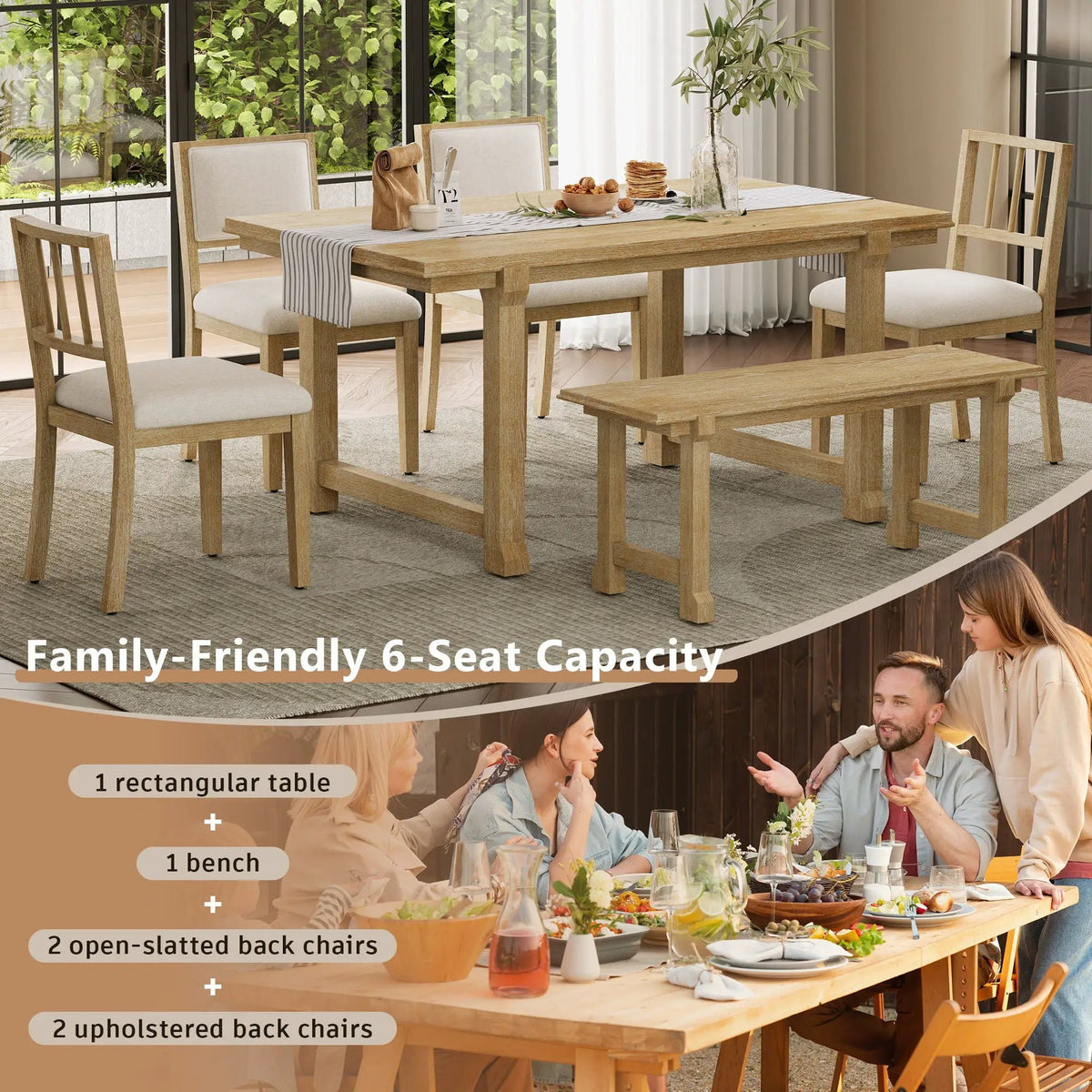 6 Piece Dining Set | Solid Rubber Wood | 4 Slat 2 Upholstered