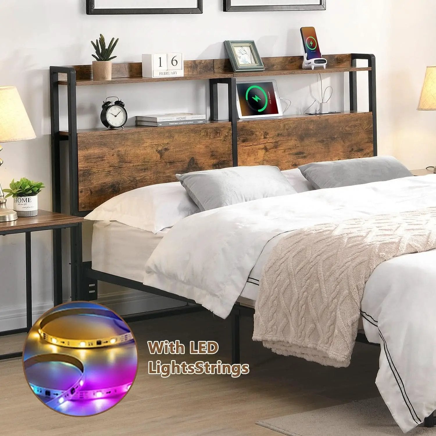 Queen Size Headboard with Storage and Charging Station from PriceLows™