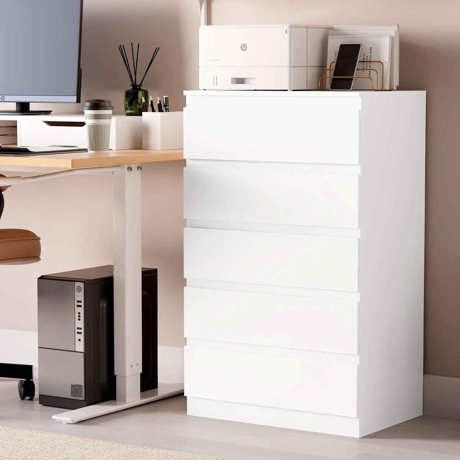 White Contemporary Solid Wood Dresser Five Drawers from PriceLows™