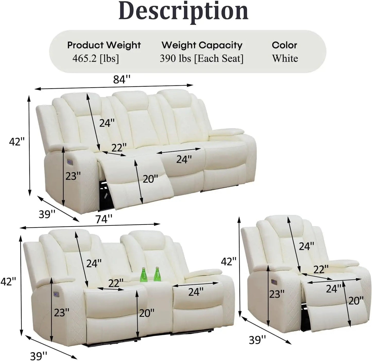 Power Recliner Sofa Set With LED Lights Creamy Finish from PriceLows™