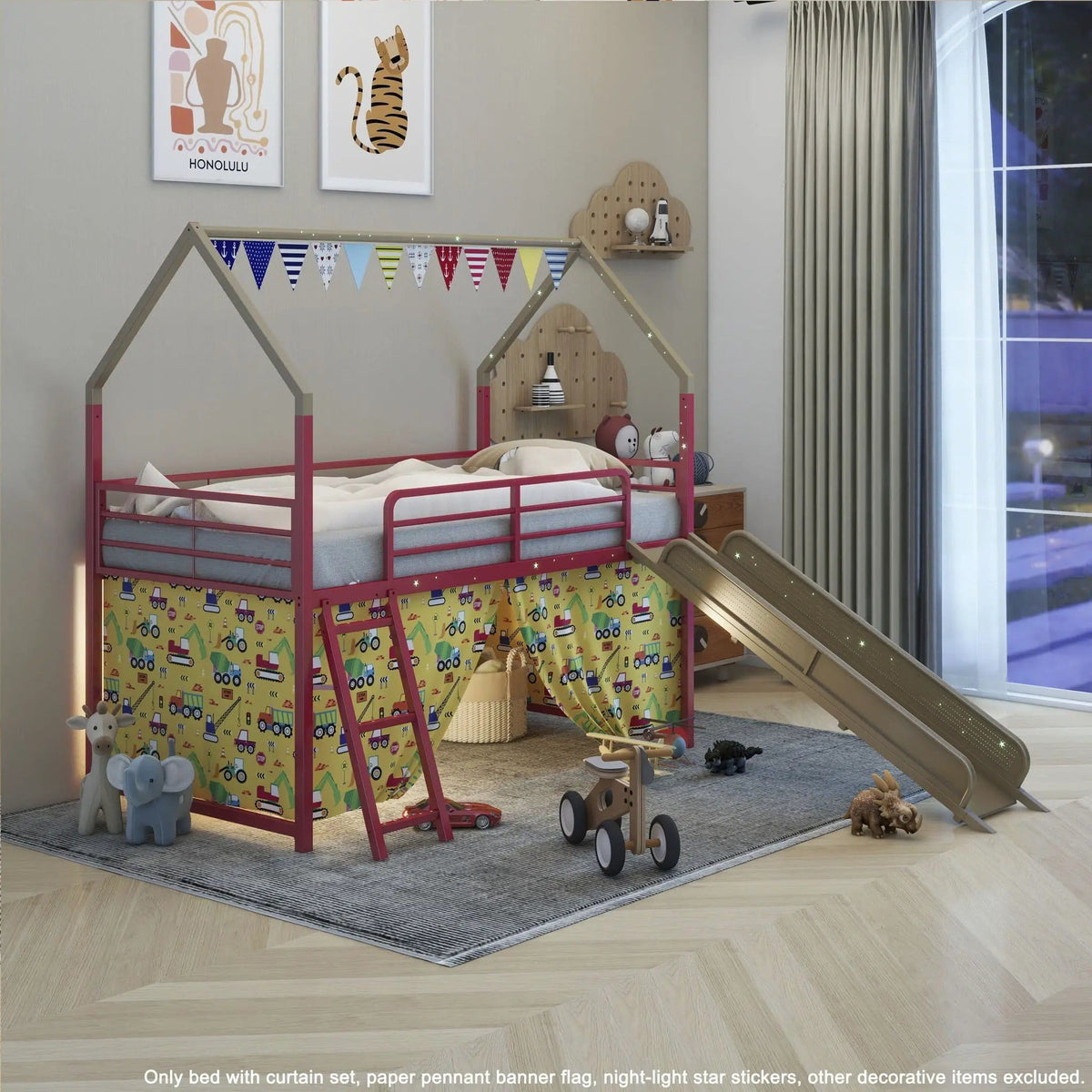 Jack House Loft Bed With Slide And Curtain Set | 5 Pieces | Metal | Bedroom