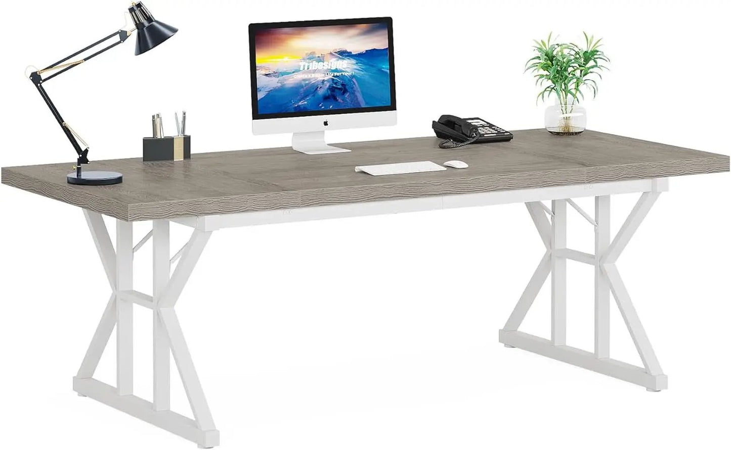 70.8 Inch Grey White Executive Desk Large Home Office from PriceLows™