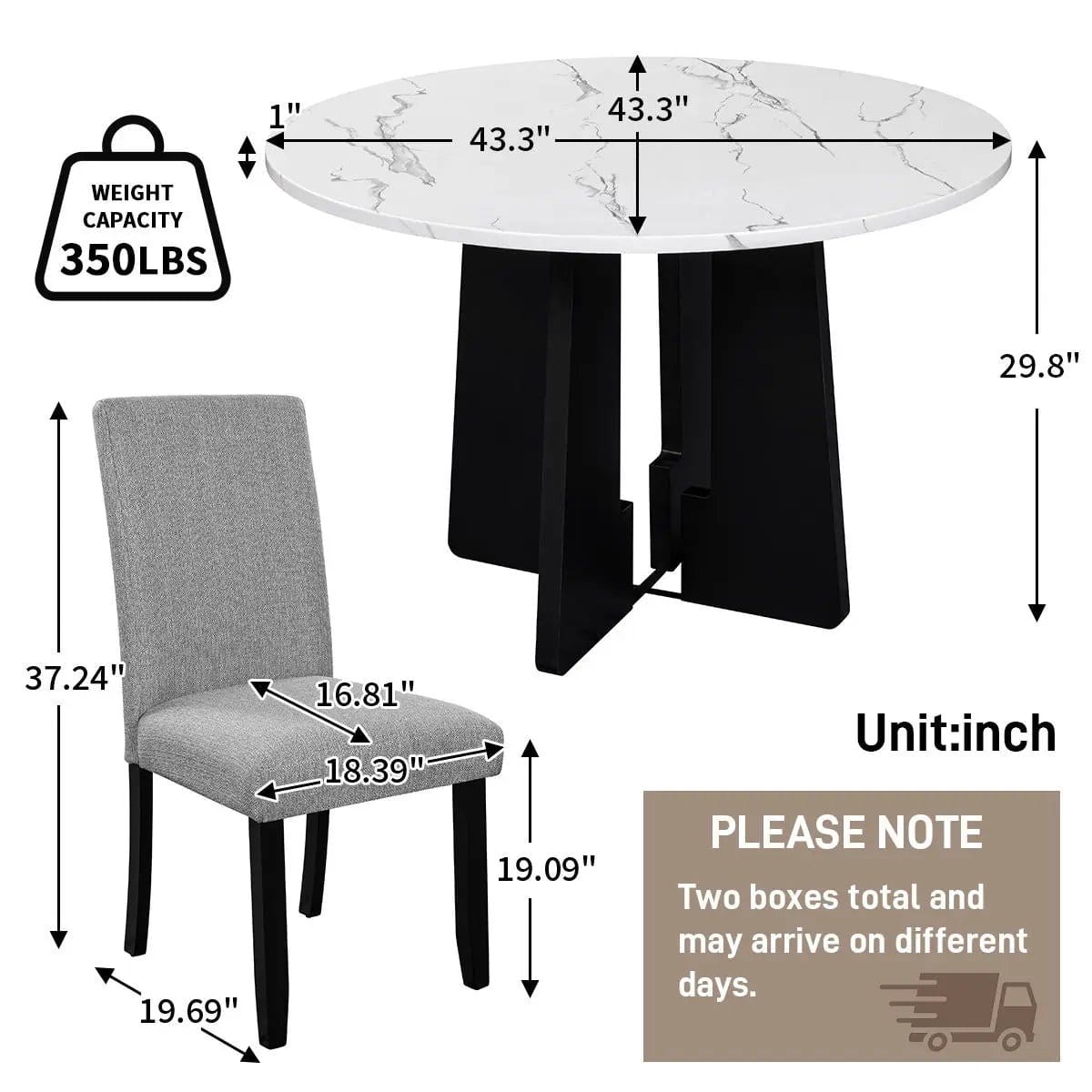 5 Piece Round Dining Table Set, Dining Table And 4 Upholstered Chairs For Dining | 5-Piece Set | Marble & Linen | Gray