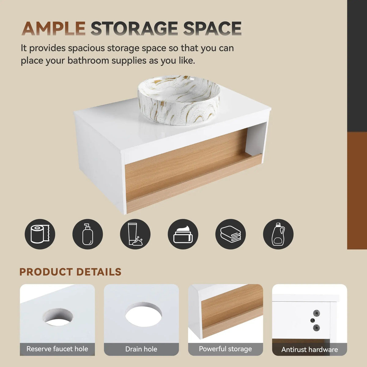 Floating Bathroom Vanity | Wall Mounted | Ceramic Vessel Sink | White