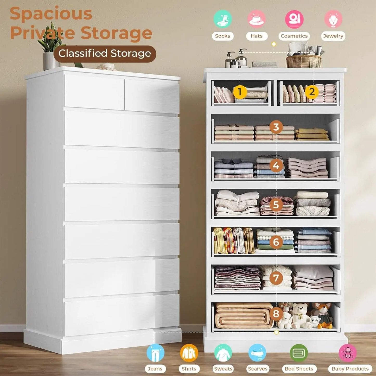 White Tall Dresser With 8 Drawers 59.7 Inch Vertical Bedroom Storage from PriceLows™