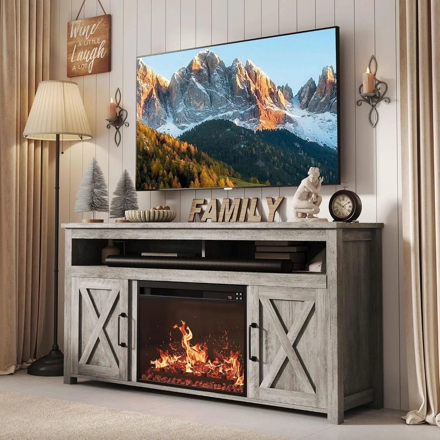 Barn Door Electric Fireplace TV Stand For 65 Inch TVs Gray from PriceLows™