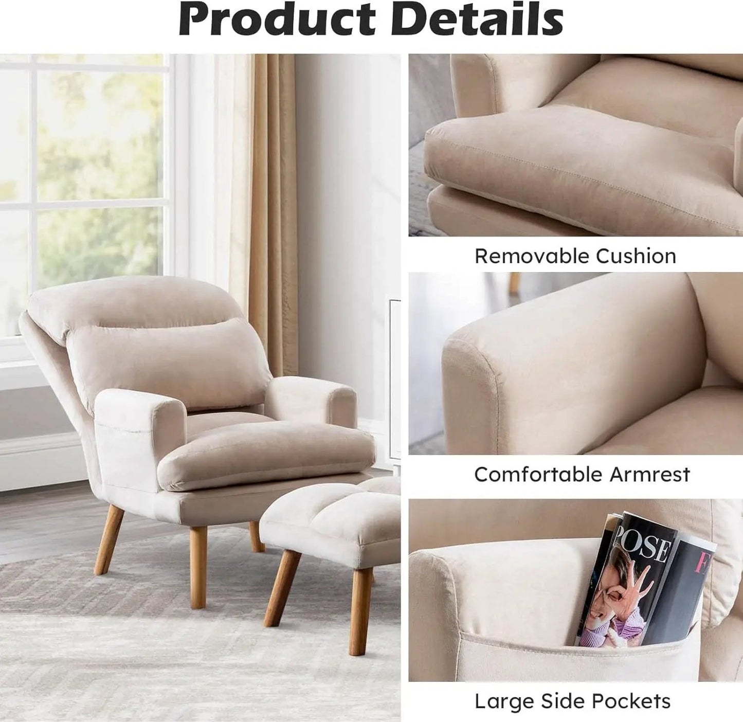 Beige Accent Chair With Ottoman Adjustable Backrest from PriceLows™