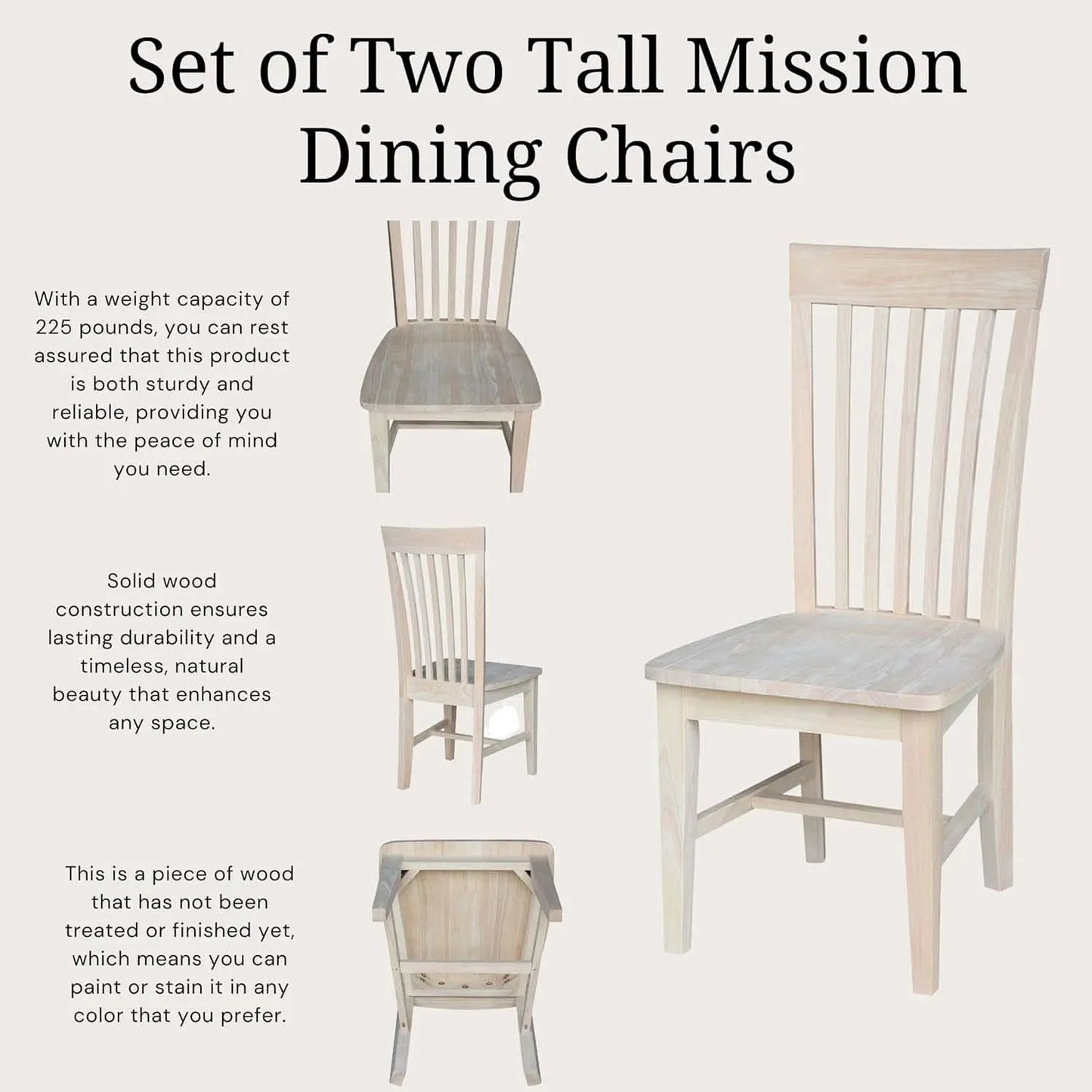 Set Of 2 Tall Mission Dining Chairs Unfinished Parawood from PriceLows™