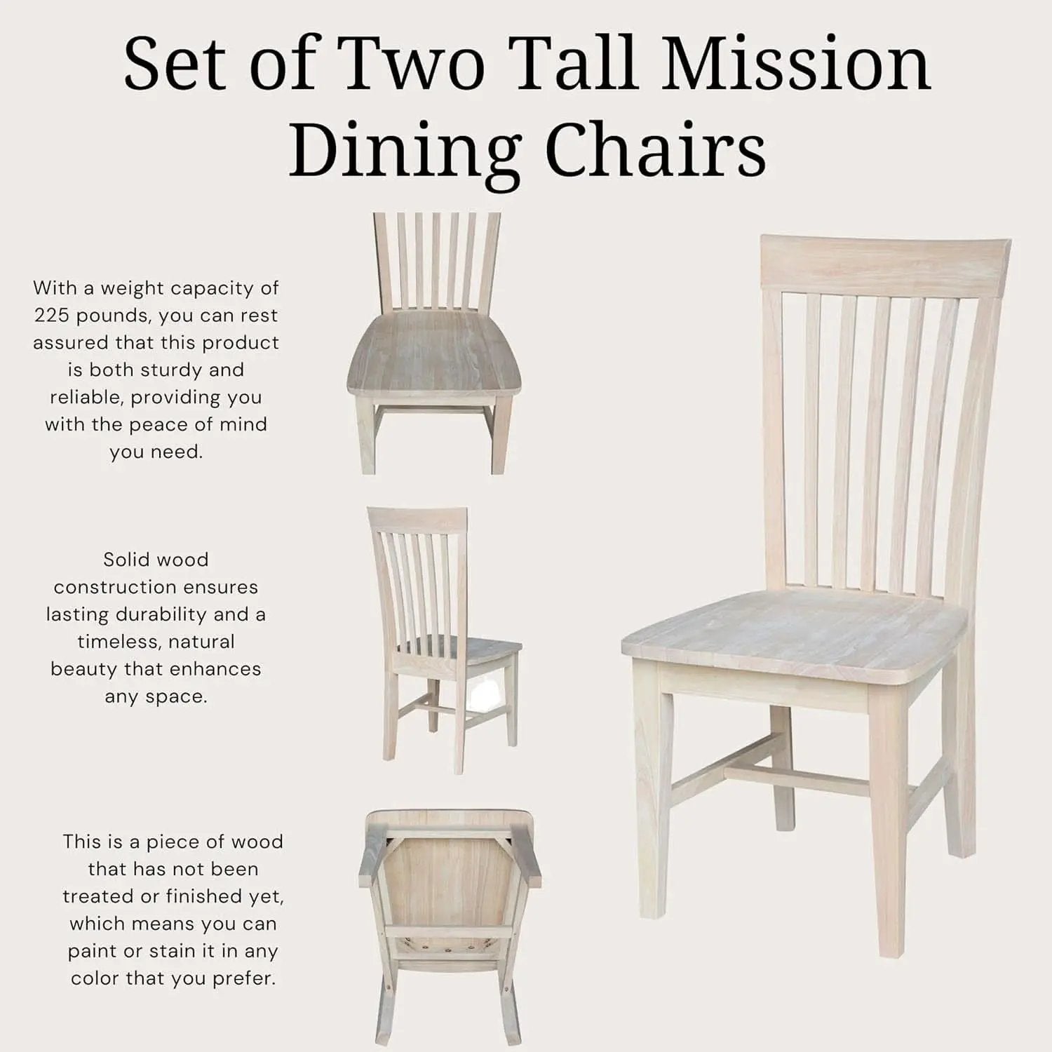 Set Of 2 Tall Mission Dining Chairs Unfinished Parawood from PriceLows™