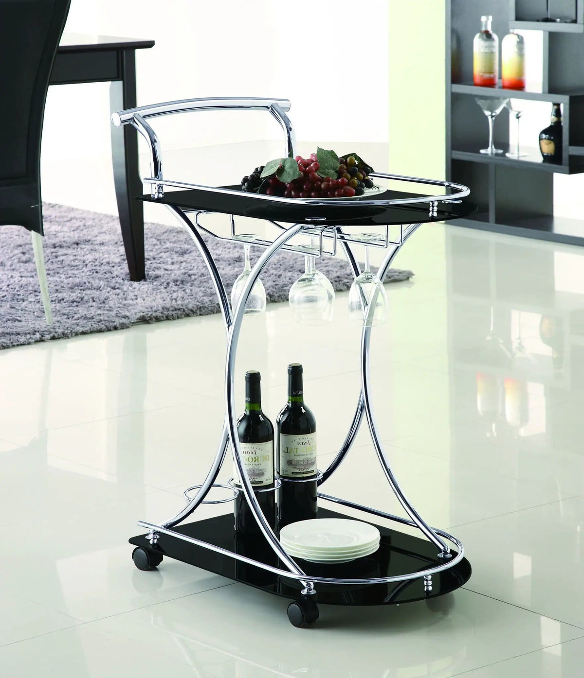 Elfman 2-tier Glass Shelf Metal Bar Cart Black and Chrome | 26.5 x 15.75 x 33.75 in | Glass & Metal | Home