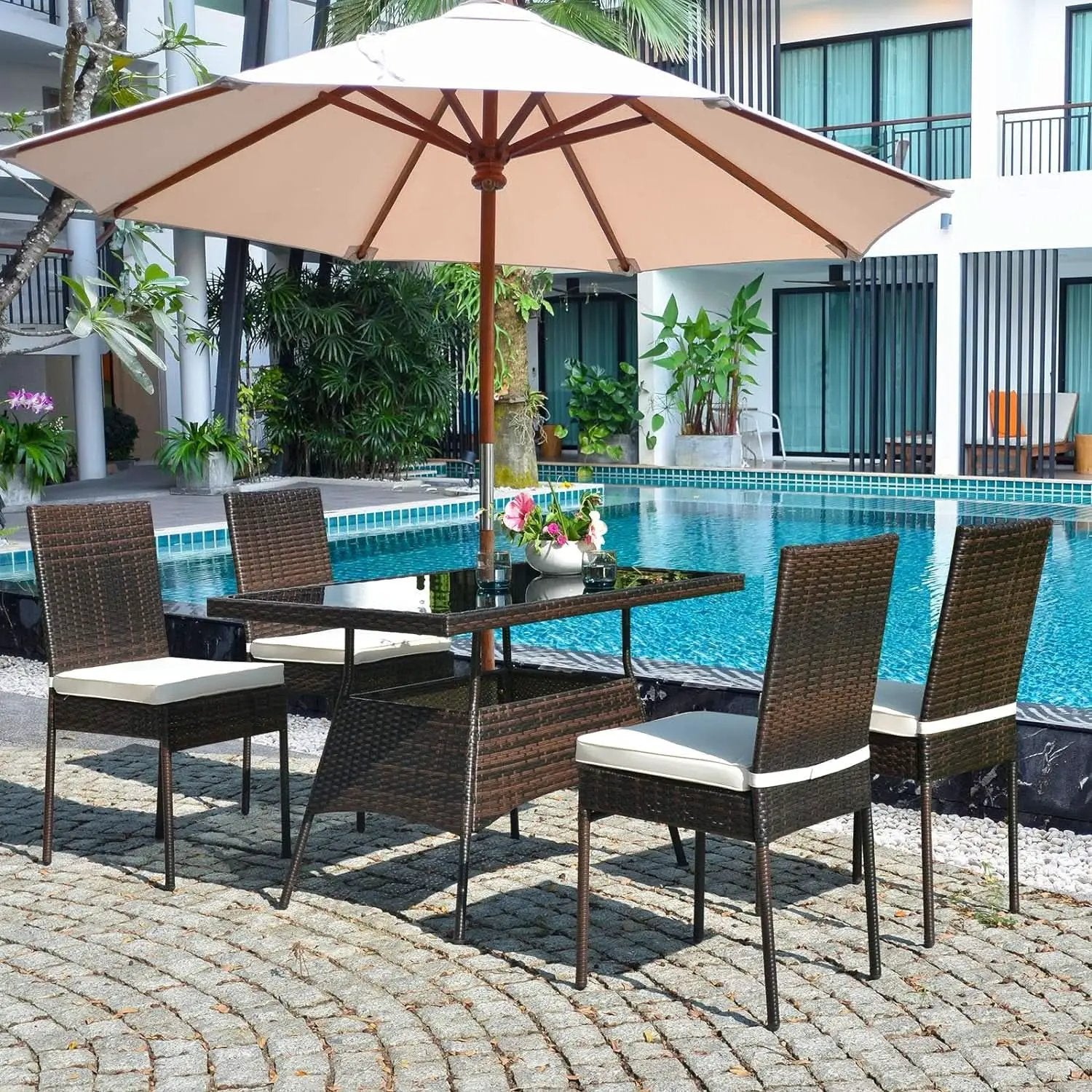 5 Piece Outdoor Patio Wicker Dining Set With Tempered Glass Table from PriceLows™