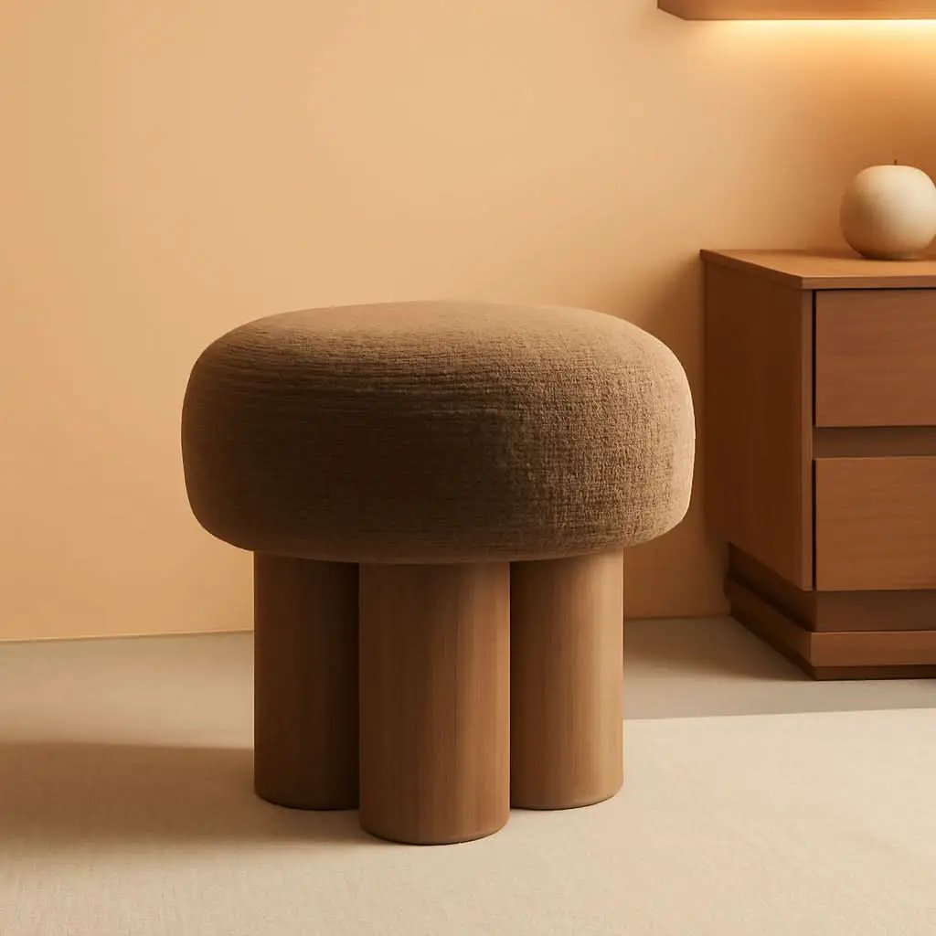 Compact Round Footstool Ottoman Brown Teddy Fabric from PriceLows™