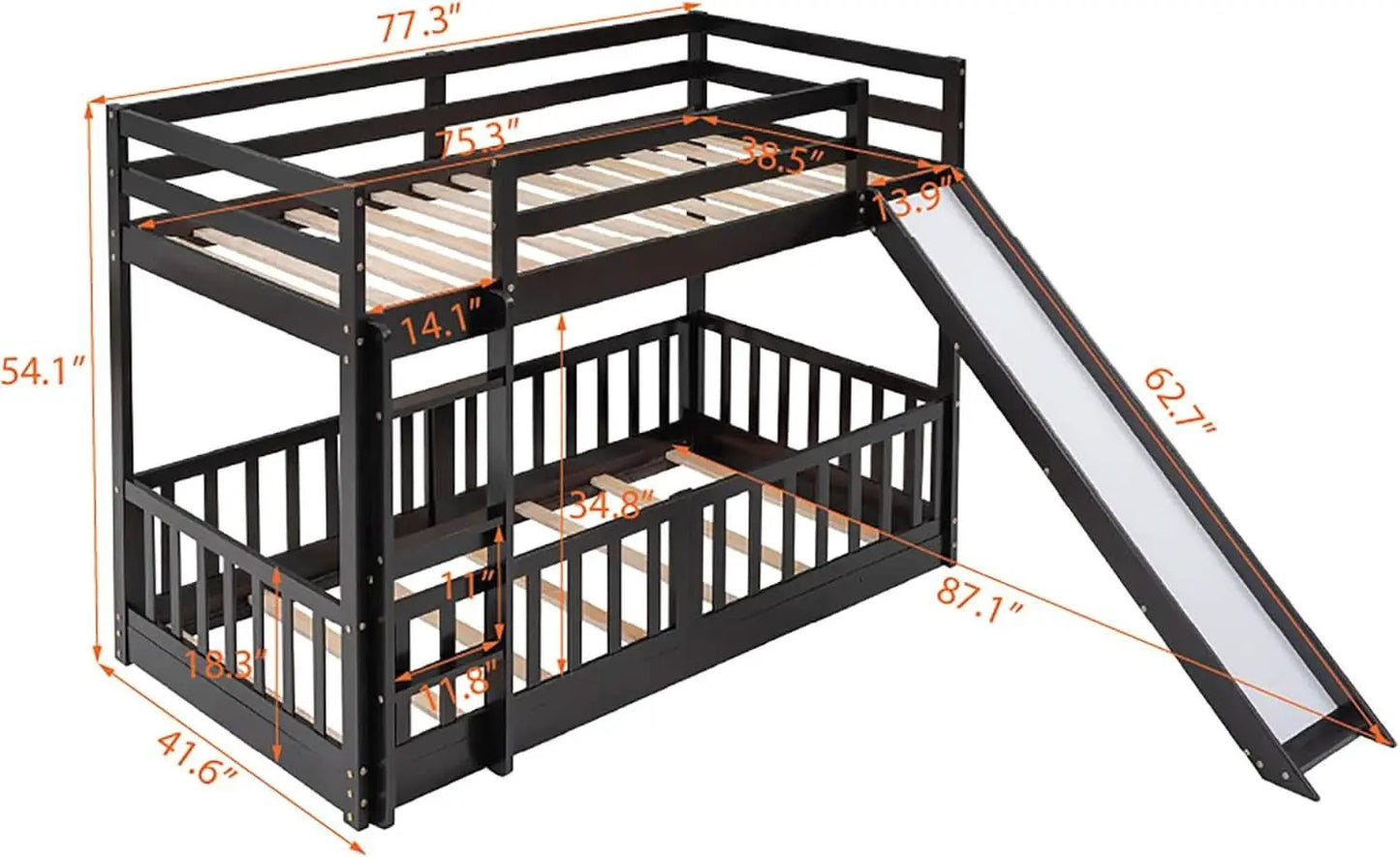 Twin Over Twin Floor Bunk Bed With Slide And Ladder from PriceLows™