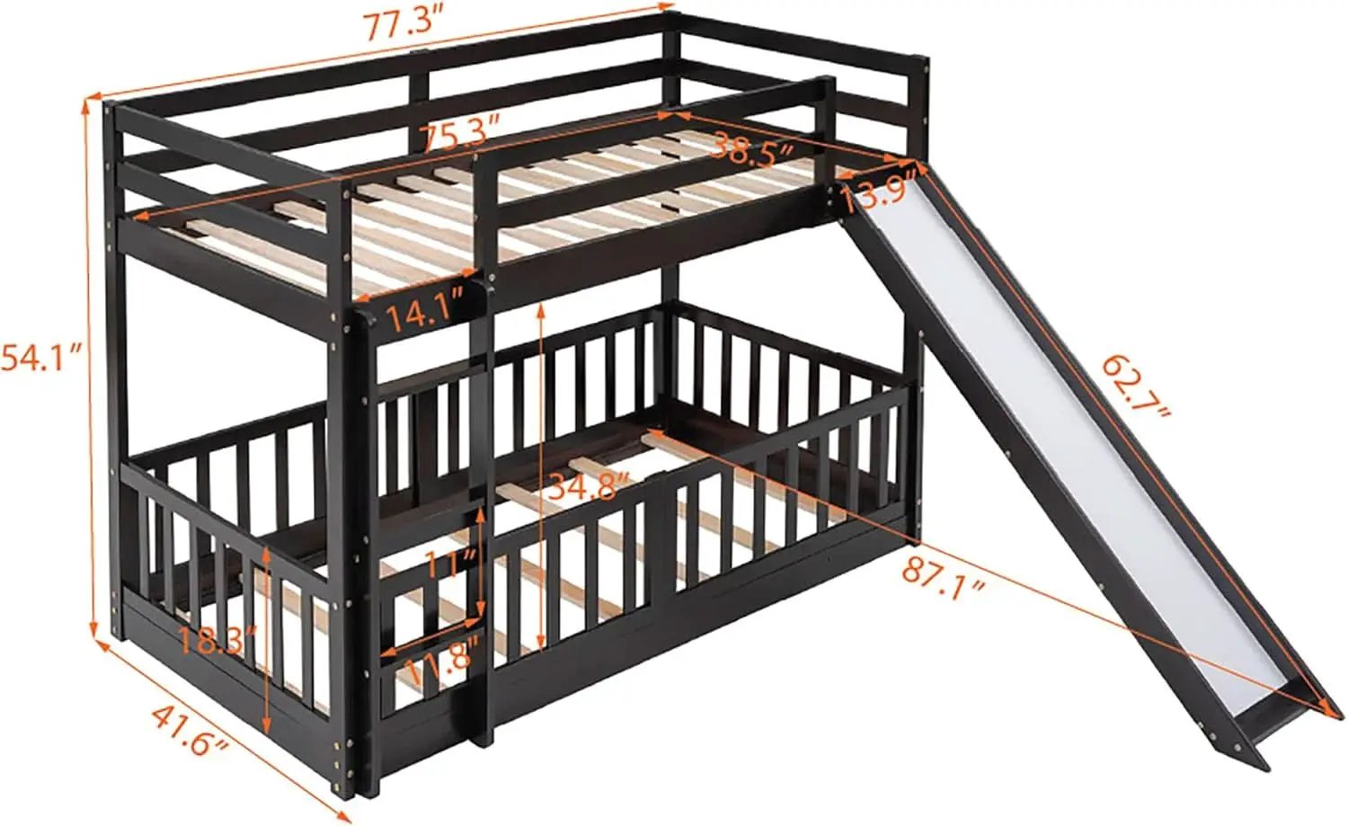 Twin Over Twin Floor Bunk Bed With Slide And Ladder from PriceLows™