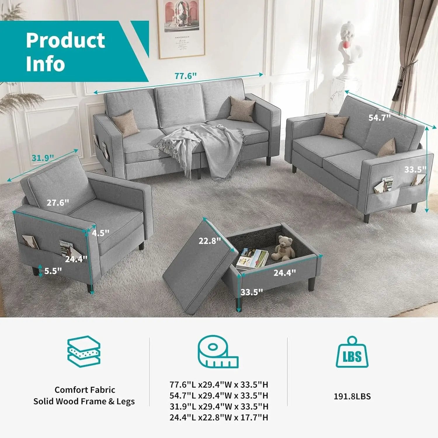 Light Grey Living Room Sofa Set With Movable Ottoman from PriceLows™