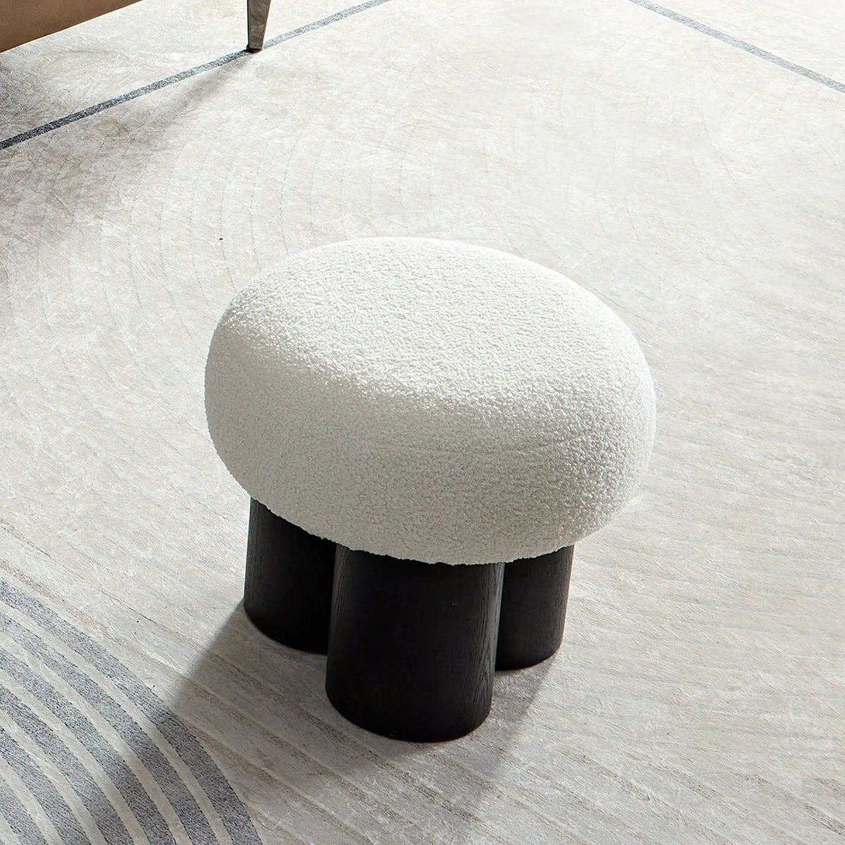 Mushroom Stool With Cushion | Greige Cushion | Wooden Barrel Base | 15.75 Inch Height