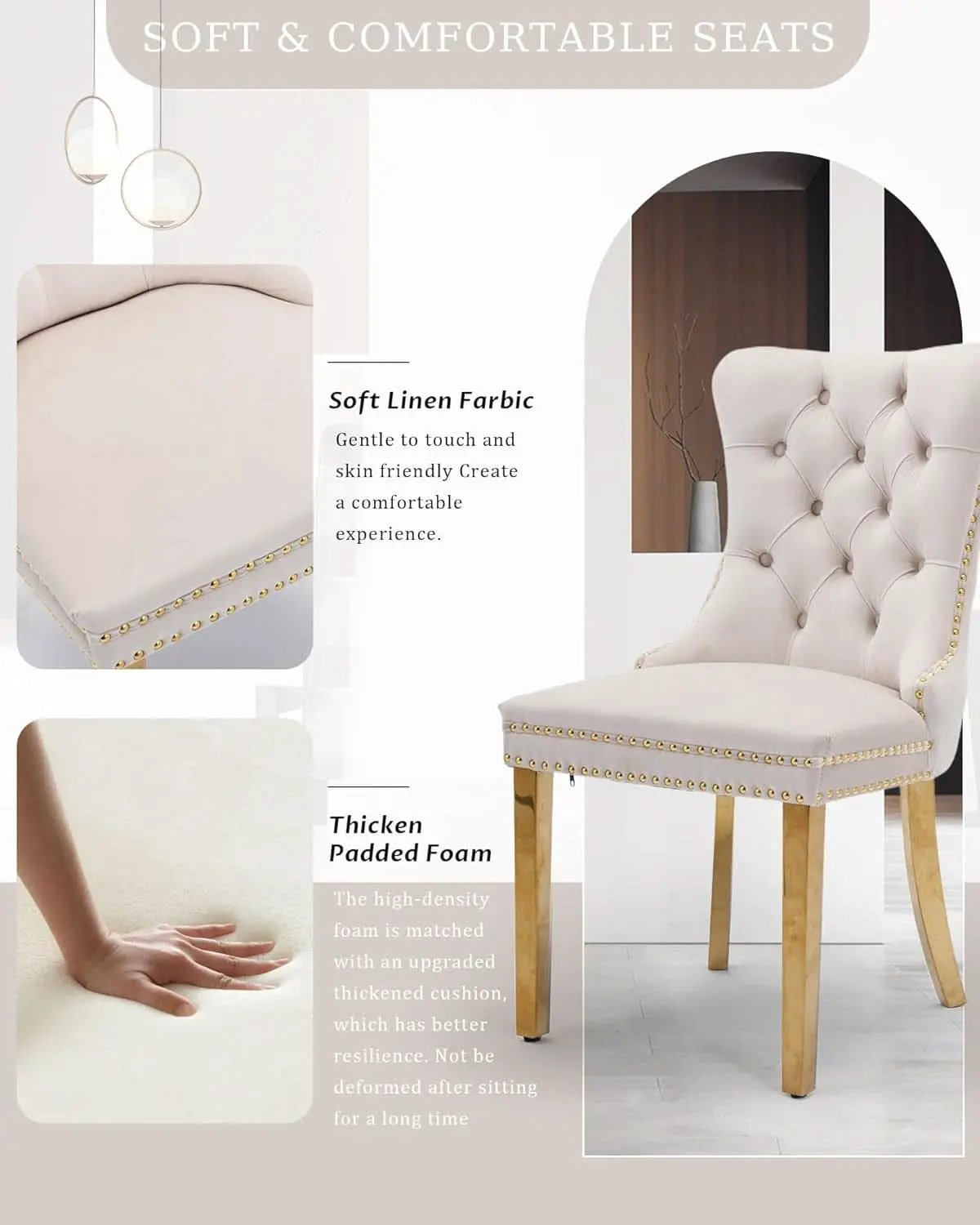 Beige Velvet Dining Chairs Set Of 2 With Tufted Upholstery from PriceLows™