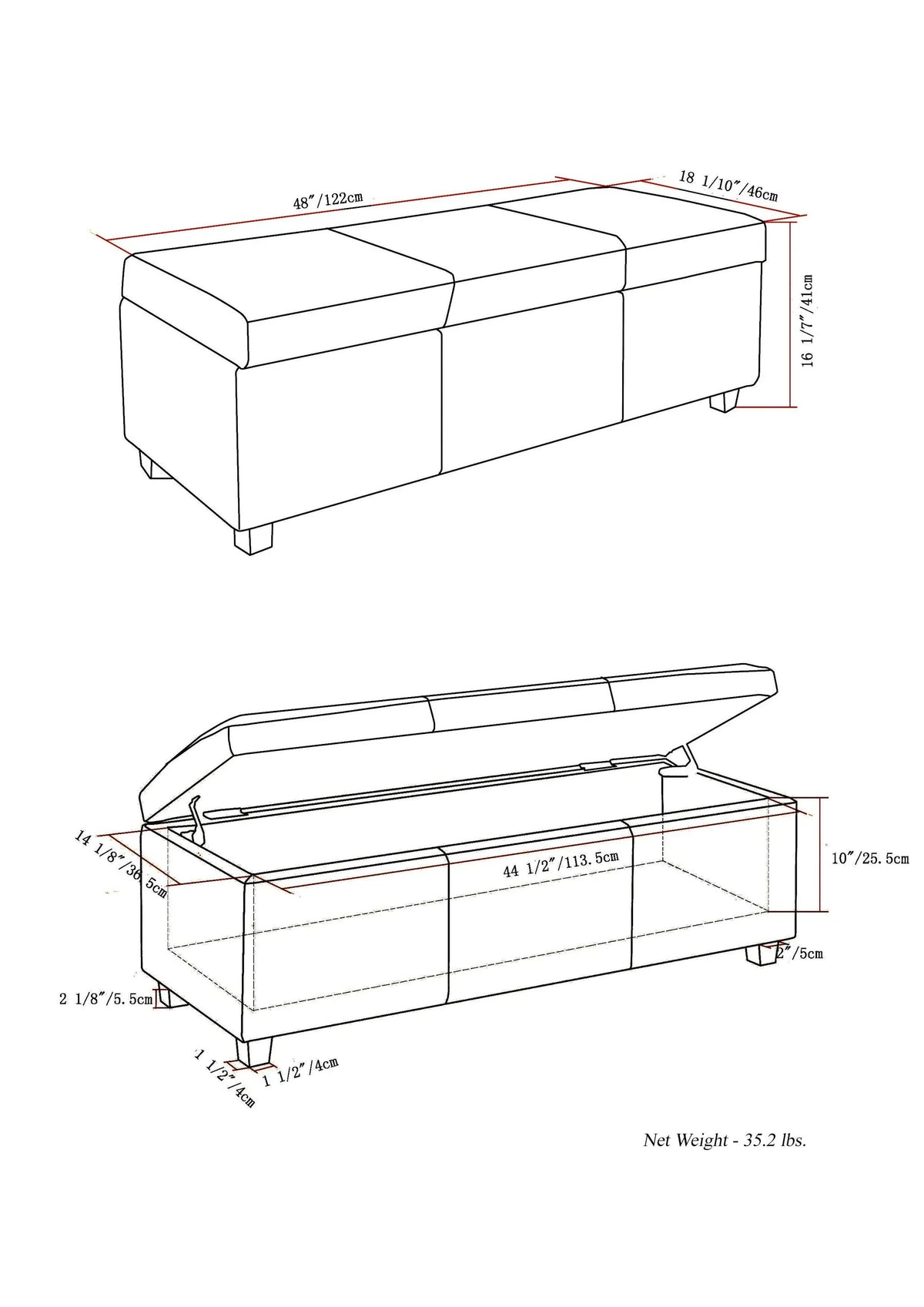 Storage Ottoman Bench | Solid Wood Frame | High Density Foam