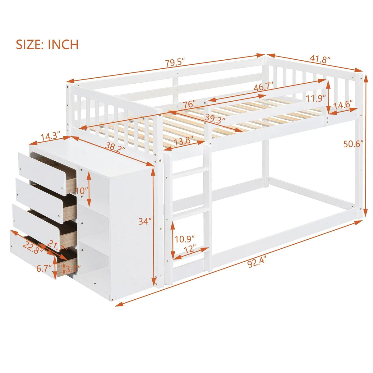 Bunk Bed | Solid Pine Frame | Four Drawers And Three Shelves | Full Size