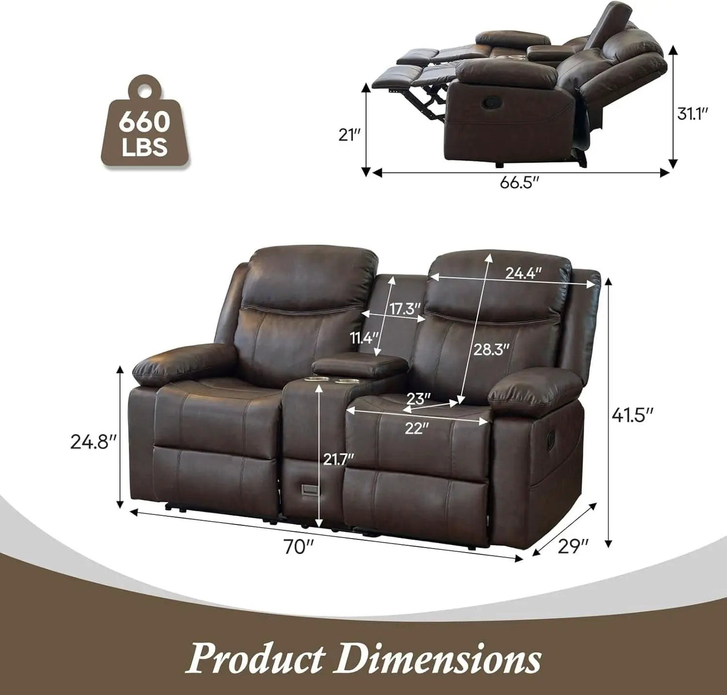 Brown PU Leather Two Seater Loveseat Recliner With Console And Double Reclining from PriceLows™