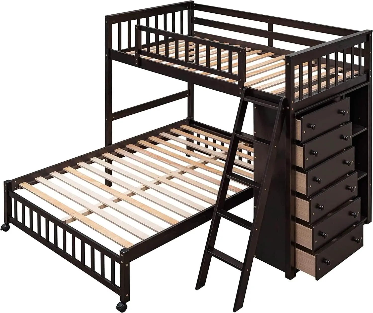 Espresso Twin Over Full Bunk Bed With Six Drawers Shelves from PriceLows™