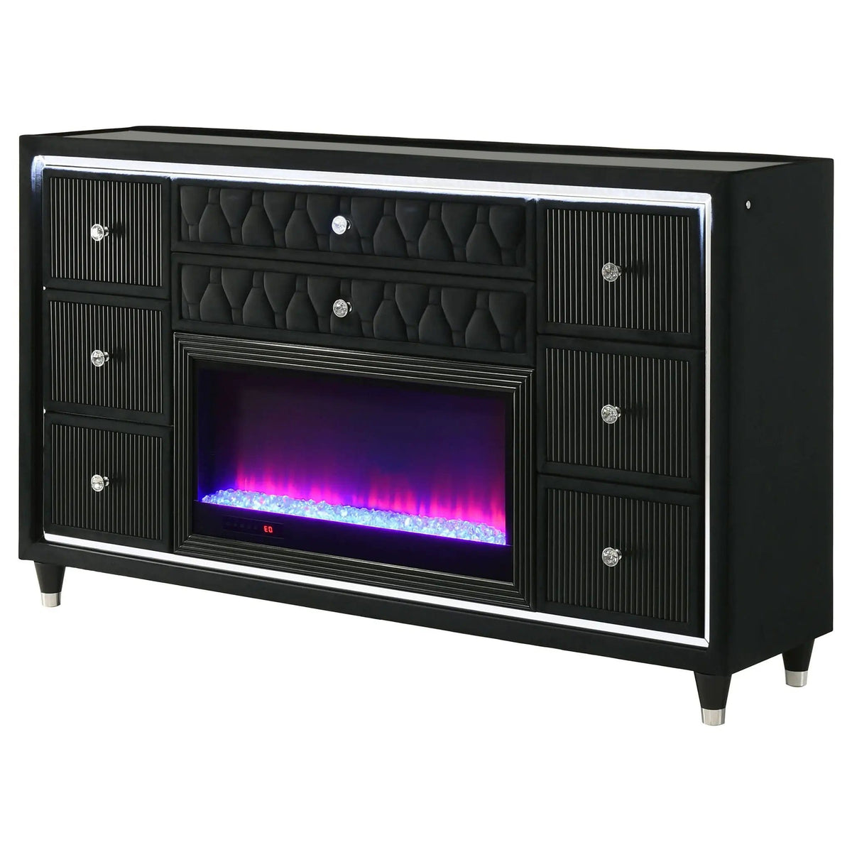 Lorient 8-drawer LED Bedroom Flame Box Dresser | 66.25 x 16.25 x 39.25 in | Rubberwood & Velvet | Black