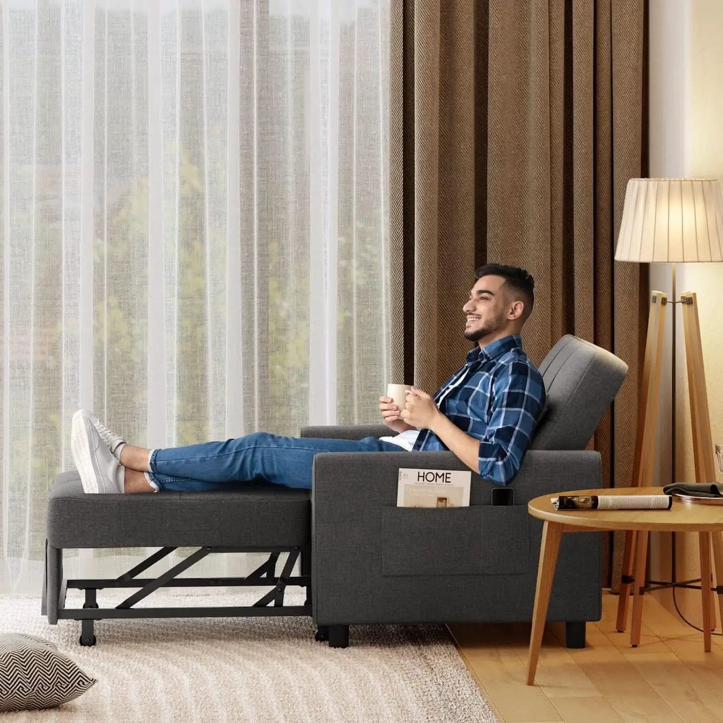 Dark Gray Sleeper Chair Bed Three In One Convertible Modern Linen Fabric Sofa from PriceLows™