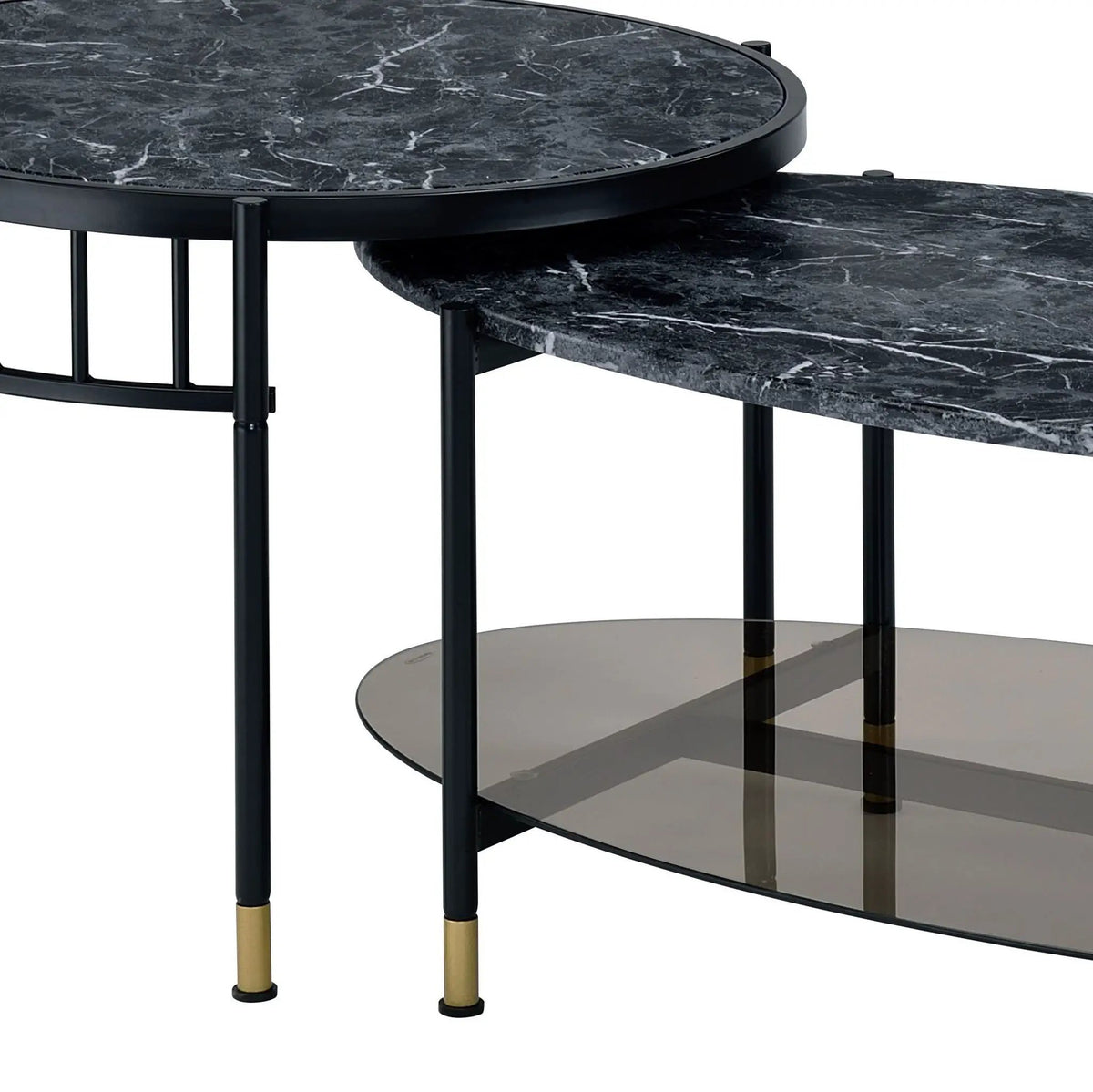 Silas Nesting Table Set | Black | Engineered Stone Top | Oval Coffee Table With Lower Shelf