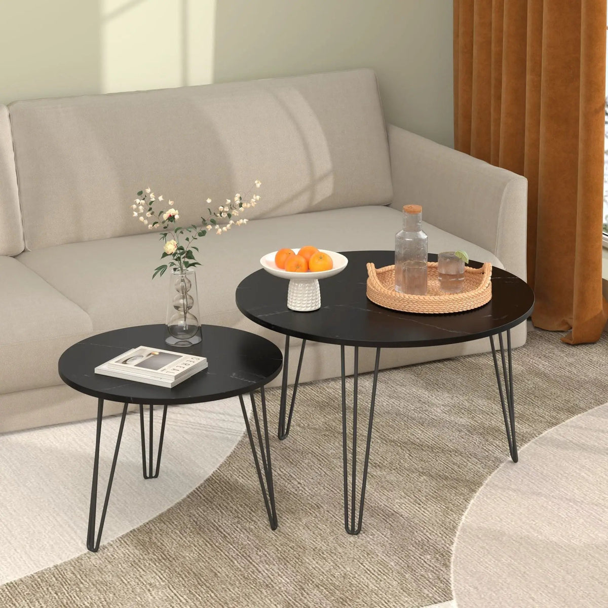 Round Nesting Coffee Table | Faux Marble Top | Steel Base | Set Of 2