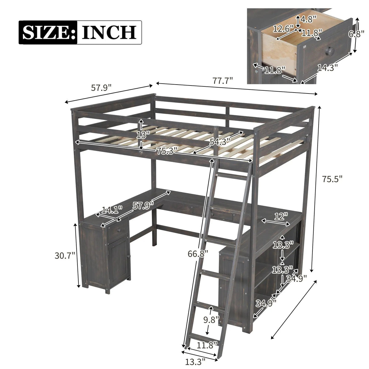 Loft Bed | U Shaped Desk | Wooden Frame | Storage Shelves
