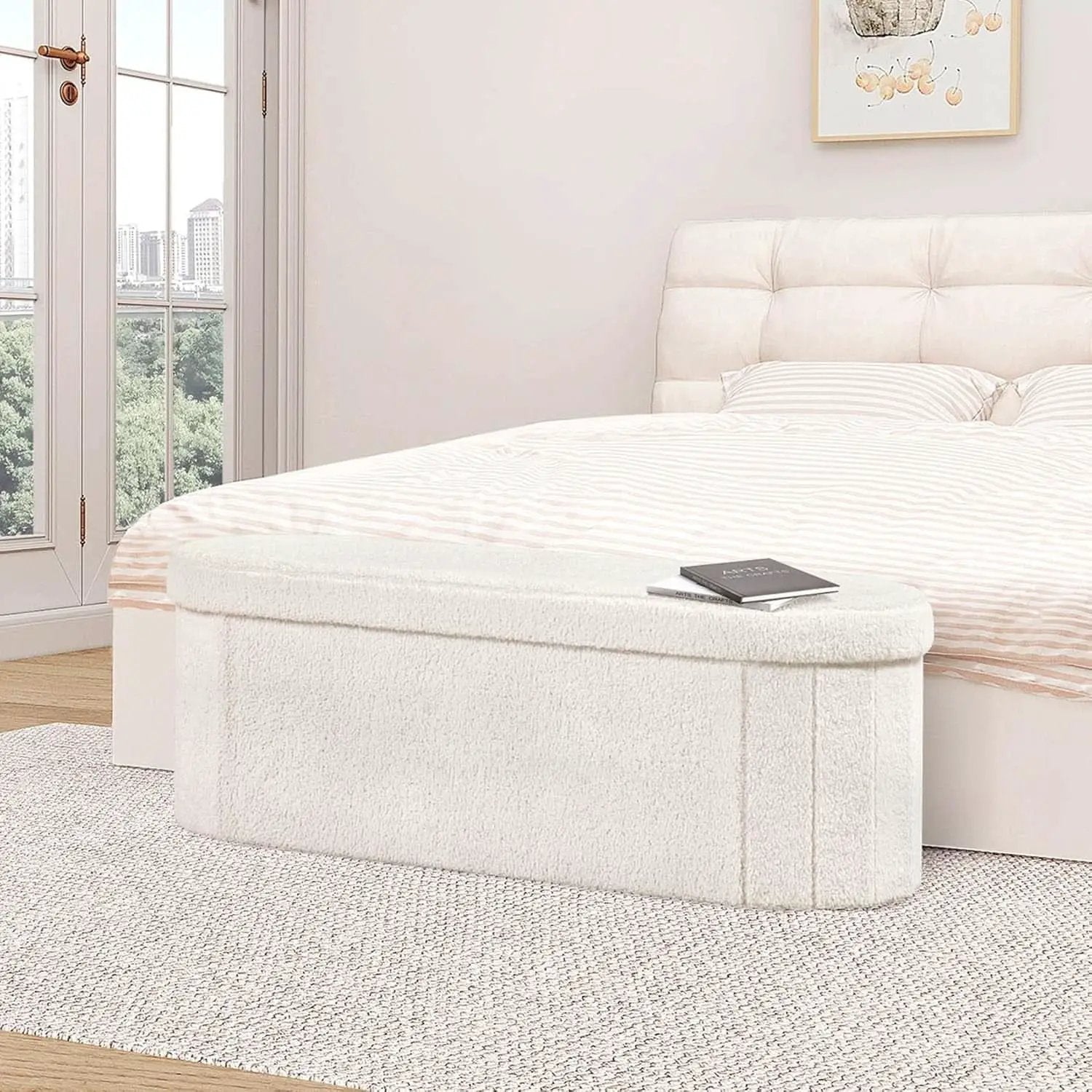 Sherpa Lined Folding Storage Ottoman 43.3 Inch White from PriceLows™