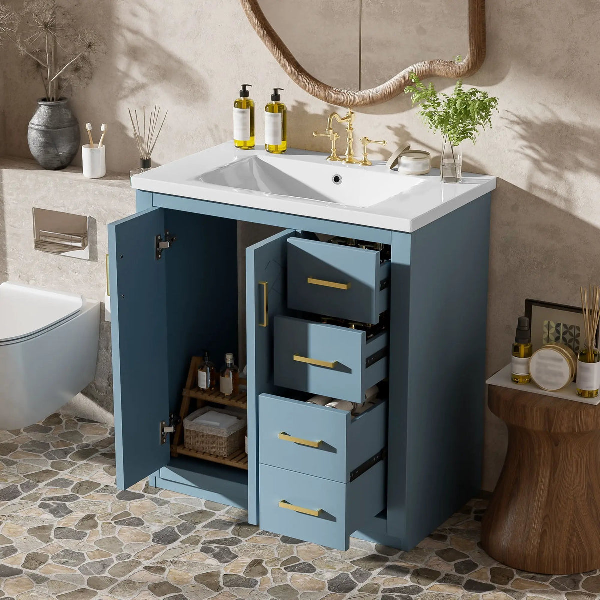 30 Inch Bathroom Vanity | Freestanding Set | 3 Drawers | Solid Wood Frame