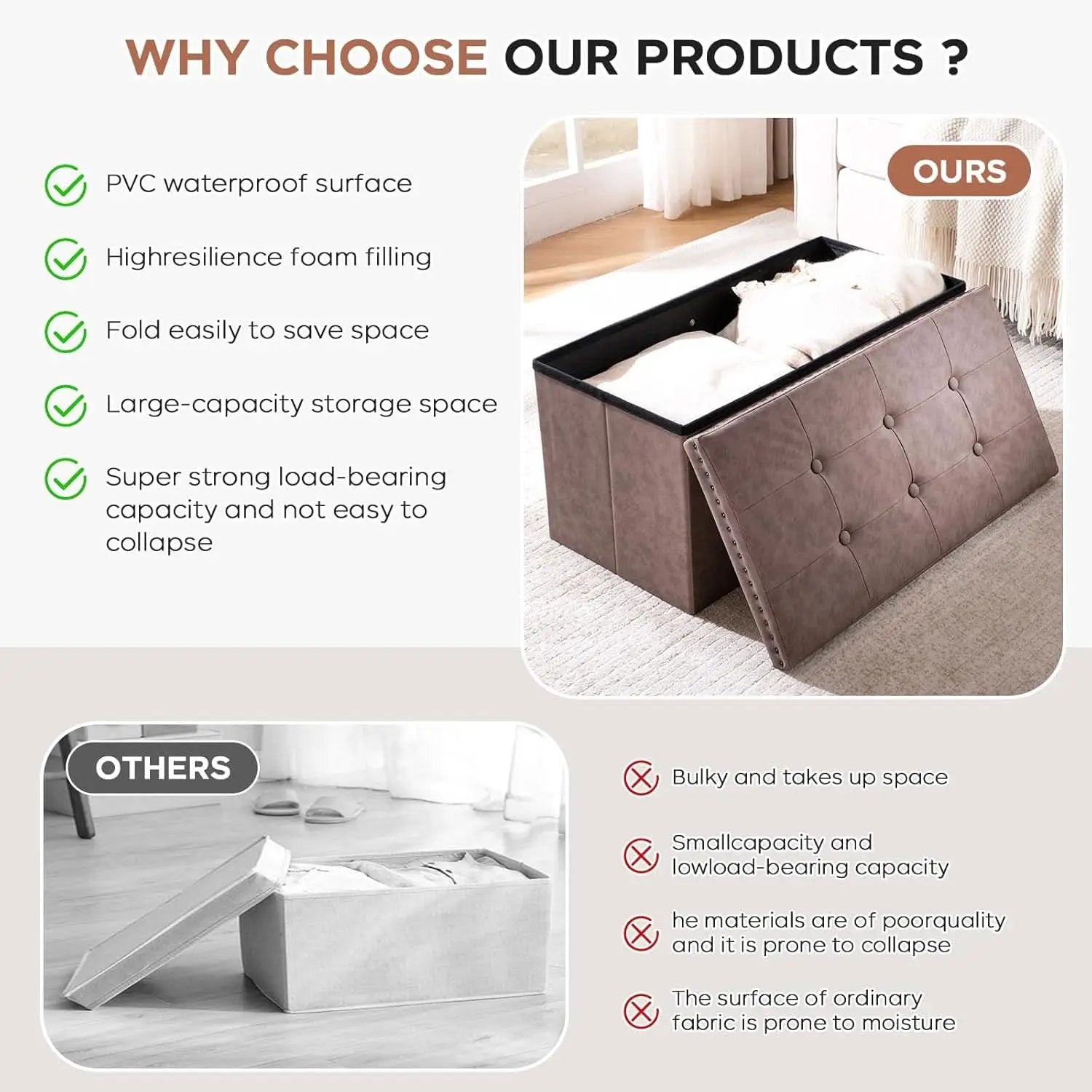 Oak Brown 30-Inch Foldable Storage Ottoman Bench from PriceLows™