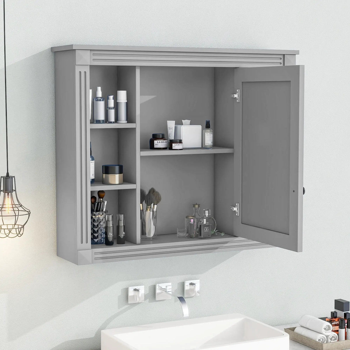 Bathroom Storage Cabinet With Mirror | 6 Open Shelves | Vintage Handle | Adjustable Interior