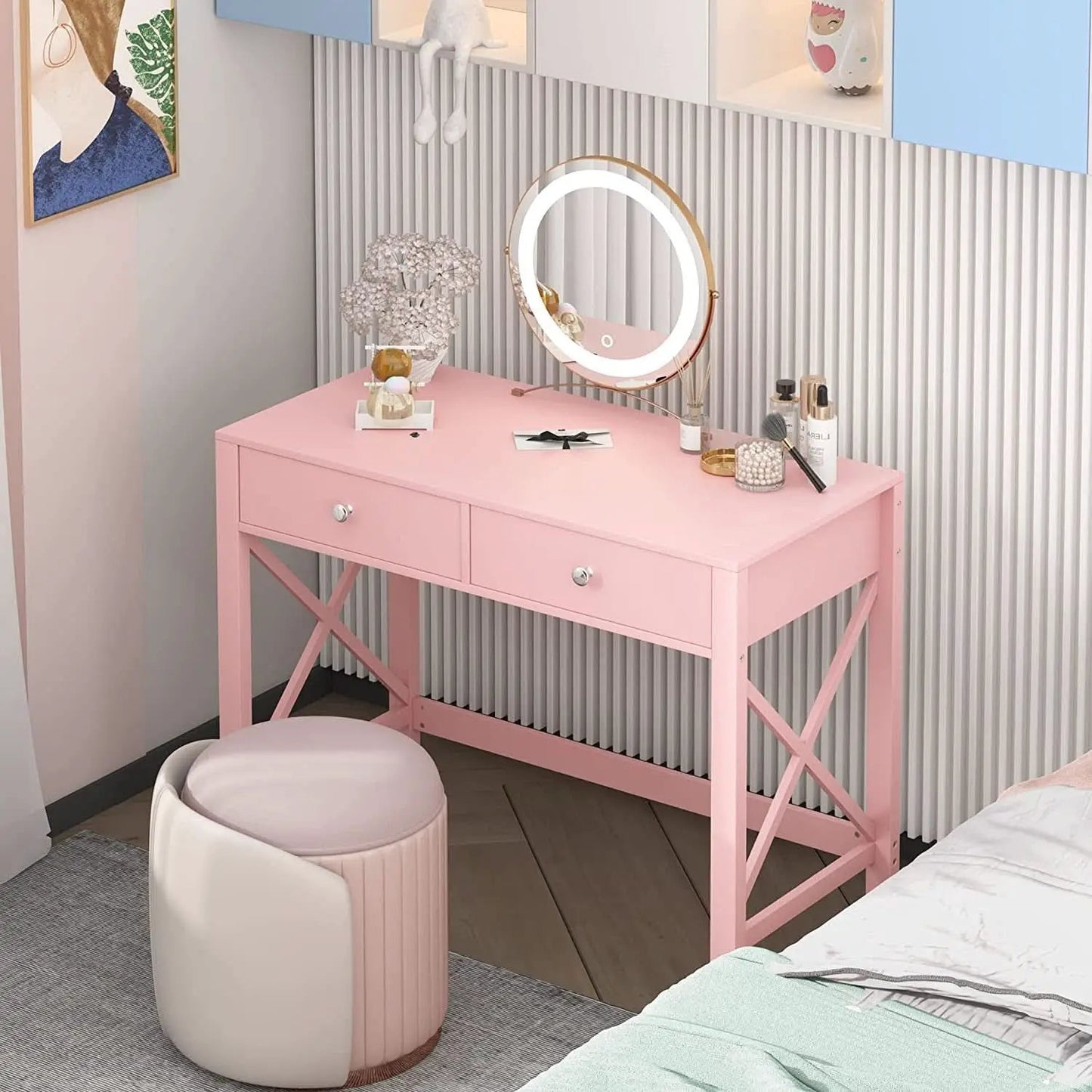 Pink Modern Vanity Desk With Drawers For Home Office from PriceLows™