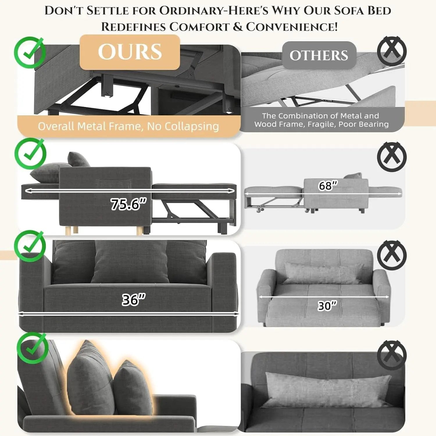 36 Inch Convertible Sleeper Chair GreyTexturedFabric from PriceLows™
