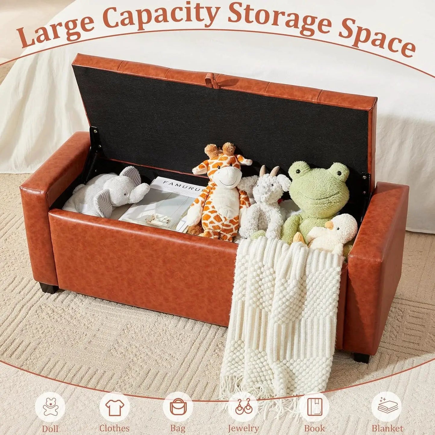 Storage Ottoman Tufted Leather Reddish Brown Bench from PriceLows™